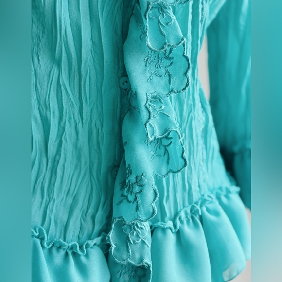 VINTAGE Sunny Leigh Aqua Ruffle Cardigan Blouse Romantic Boho Top Large - Picture 2 of 6